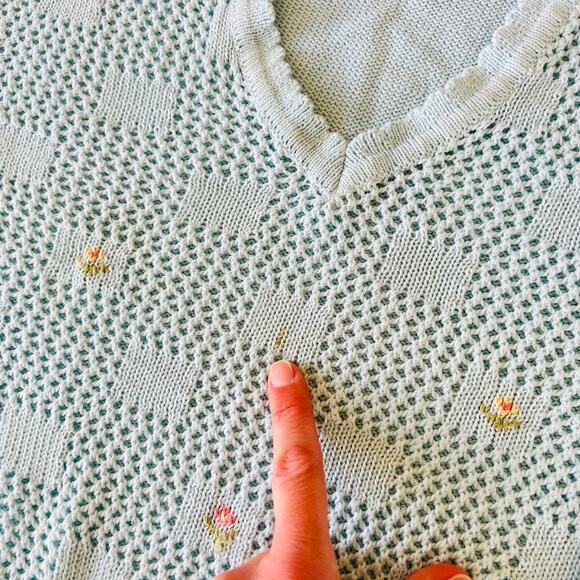 Vintage 80s 90s Light Blue Floral Semi Sheer V Neck Sweater / Small - Picture 7 of 9